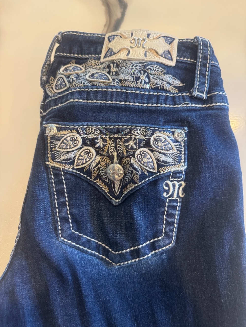 Miss Me Dark Blue Jeans with White Embroidered Pocket